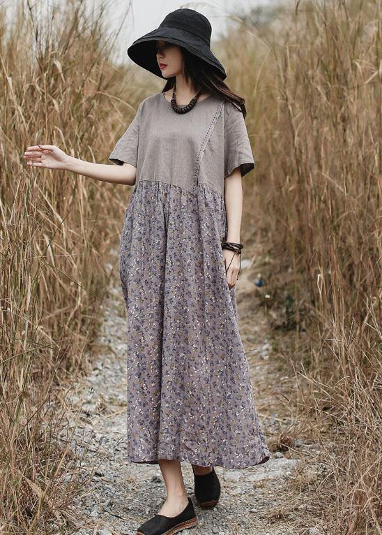 Loose patchwork linen Long Shirts Neckline gray Dress summer - SooLinen