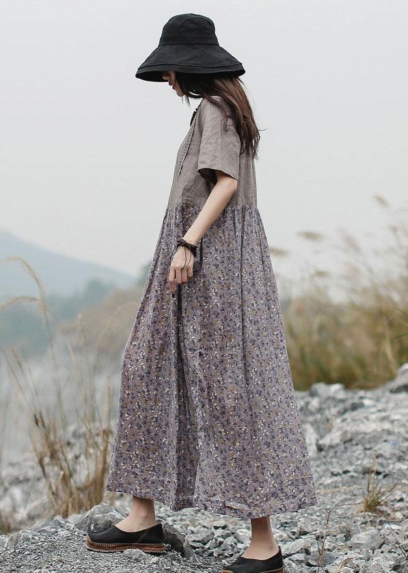 Loose patchwork linen Long Shirts Neckline gray Dress summer - SooLinen