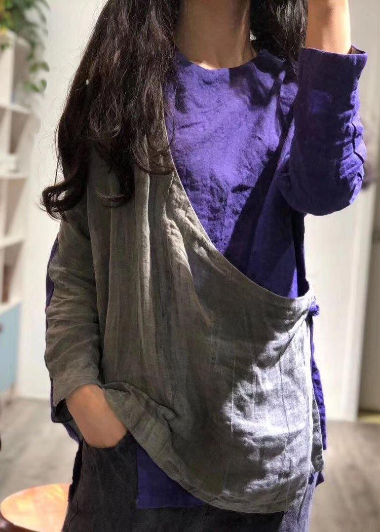 Loose patchwork linen tops women blouses o neck baggy fall shirt - SooLinen