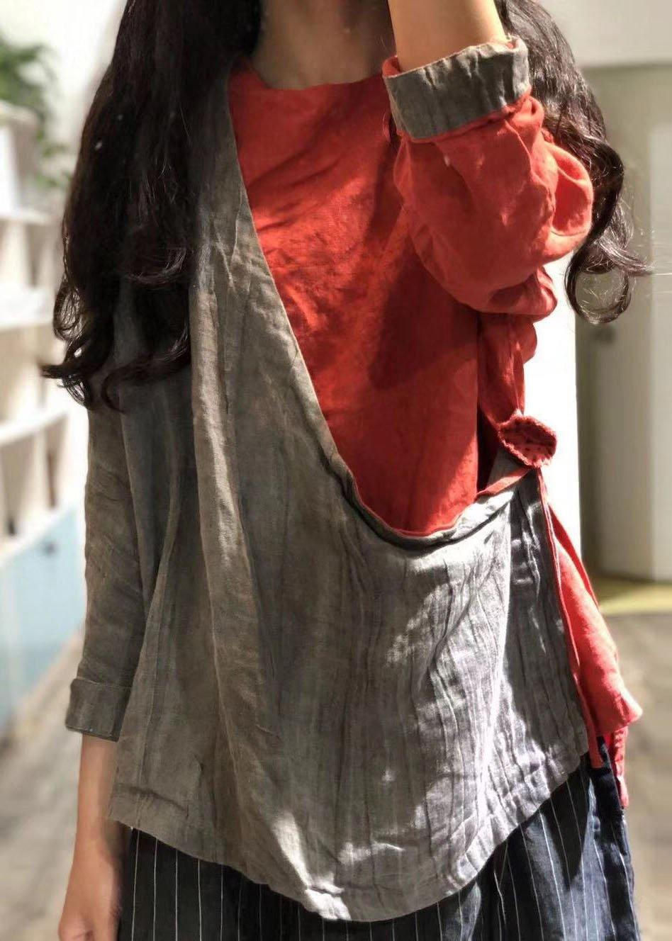 Loose patchwork linen tops women blouses o neck baggy fall shirt - SooLinen