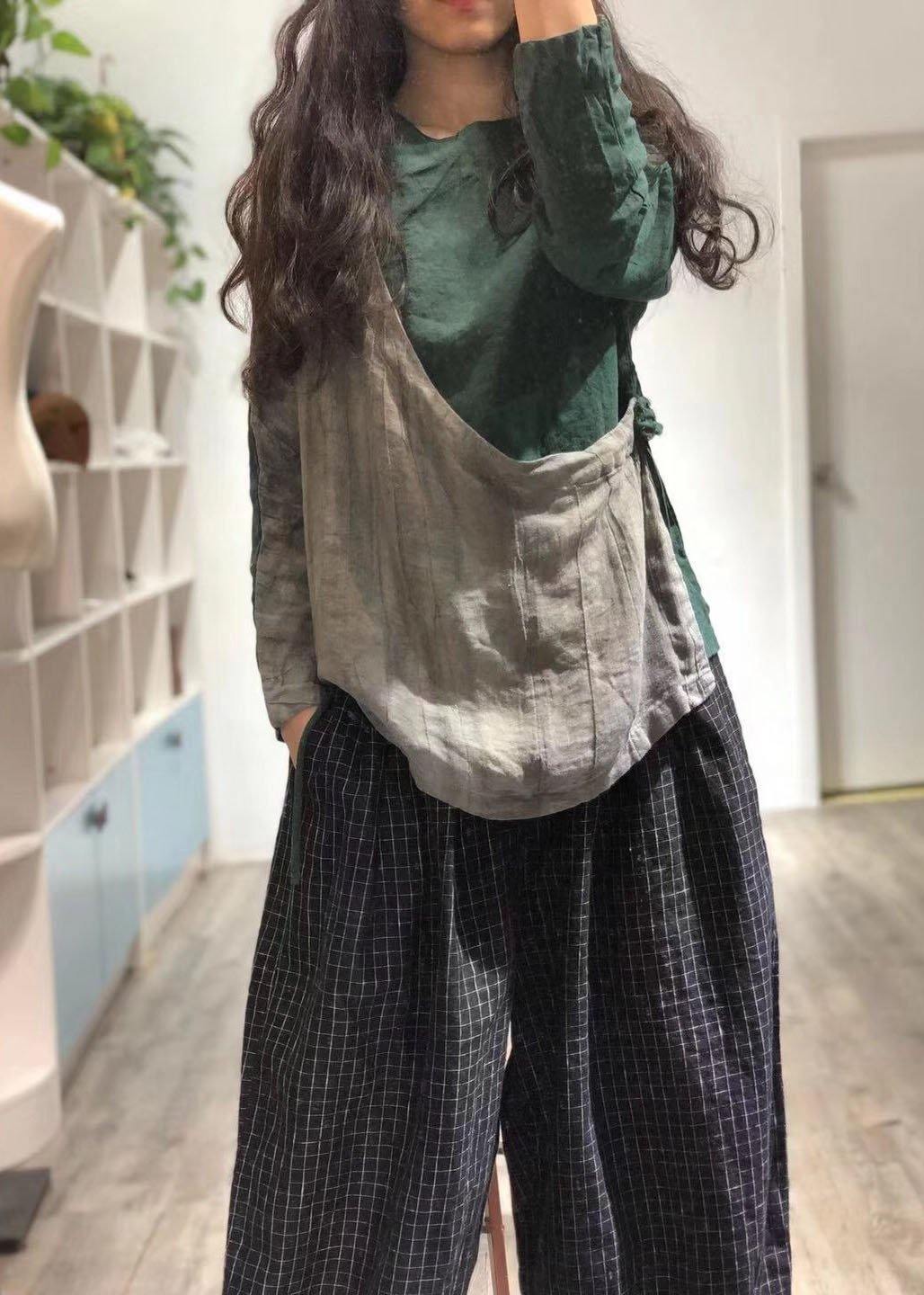 Loose patchwork linen tops women blouses o neck baggy fall shirt - SooLinen