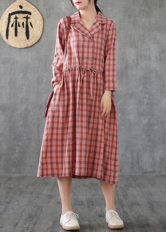 Loose pink plaid linen cotton clothes Notched drawstring cotton Dress - SooLinen