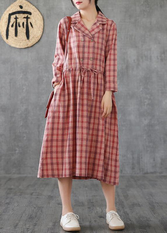 Loose pink plaid linen cotton clothes Notched drawstring cotton Dress - SooLinen