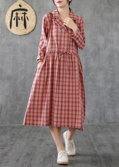Loose pink plaid linen cotton clothes Notched drawstring cotton Dress - SooLinen