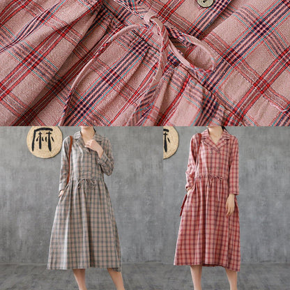 Loose pink plaid linen cotton clothes Notched drawstring cotton Dress - SooLinen