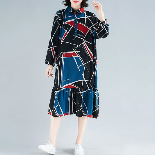 Chiffon-Kleidung mit lockerem Druck für Damen, Sweets Wardrobes, Rüschen, Chiffon-Kleid mit Reverskragen