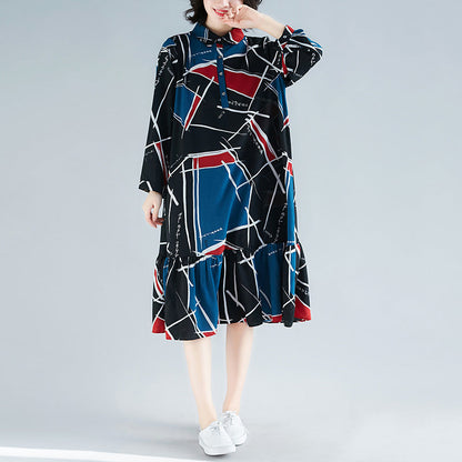 Chiffon-Kleidung mit lockerem Druck für Damen, Sweets Wardrobes, Rüschen, Chiffon-Kleid mit Reverskragen