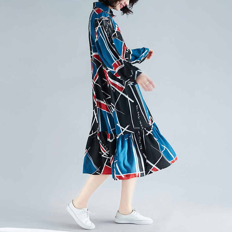 Chiffon-Kleidung mit lockerem Druck für Damen, Sweets Wardrobes, Rüschen, Chiffon-Kleid mit Reverskragen