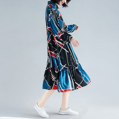 Chiffon-Kleidung mit lockerem Druck für Damen, Sweets Wardrobes, Rüschen, Chiffon-Kleid mit Reverskragen