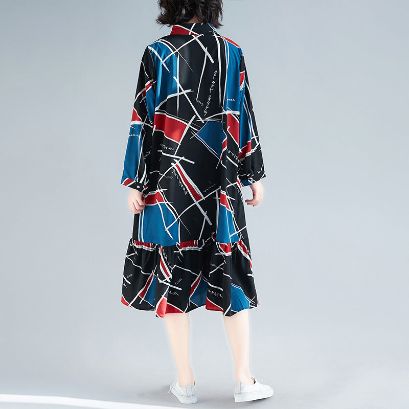 Chiffon-Kleidung mit lockerem Druck für Damen, Sweets Wardrobes, Rüschen, Chiffon-Kleid mit Reverskragen