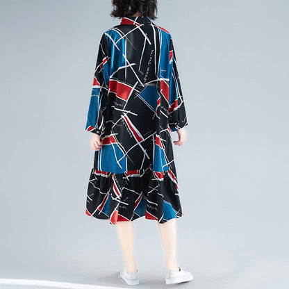 Chiffon-Kleidung mit lockerem Druck für Damen, Sweets Wardrobes, Rüschen, Chiffon-Kleid mit Reverskragen