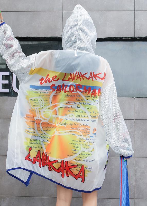 Loose prints blended sunscreen tops women Wardrobes white hooded top summer - SooLinen