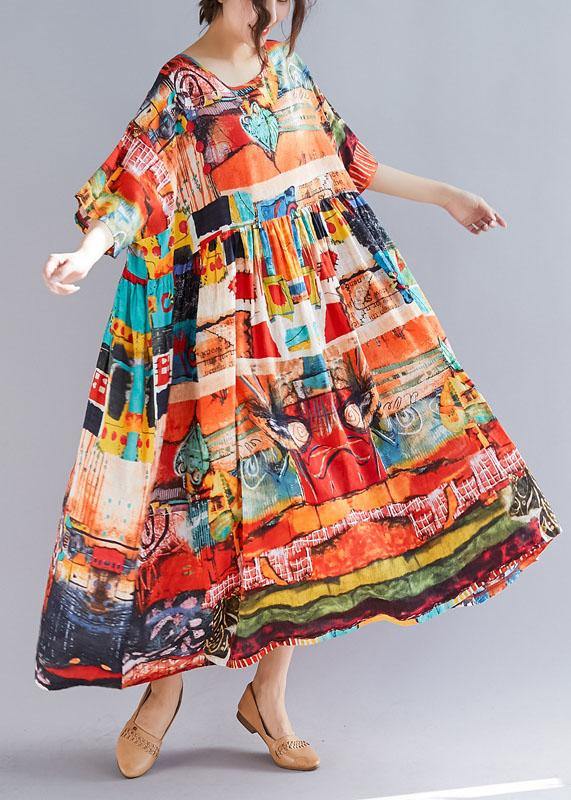 Loose prints cotton linen quilting dresses short sleeve big hem loose summer Dress - SooLinen