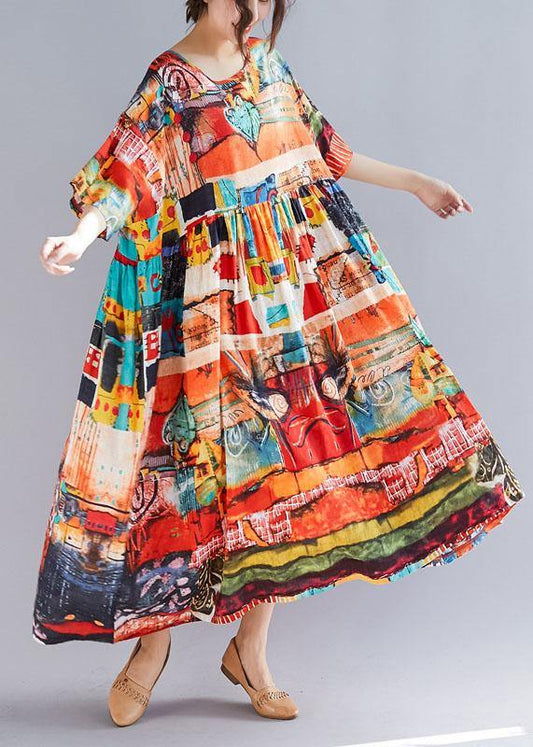 Loose prints cotton linen quilting dresses short sleeve big hem loose summer Dress - SooLinen