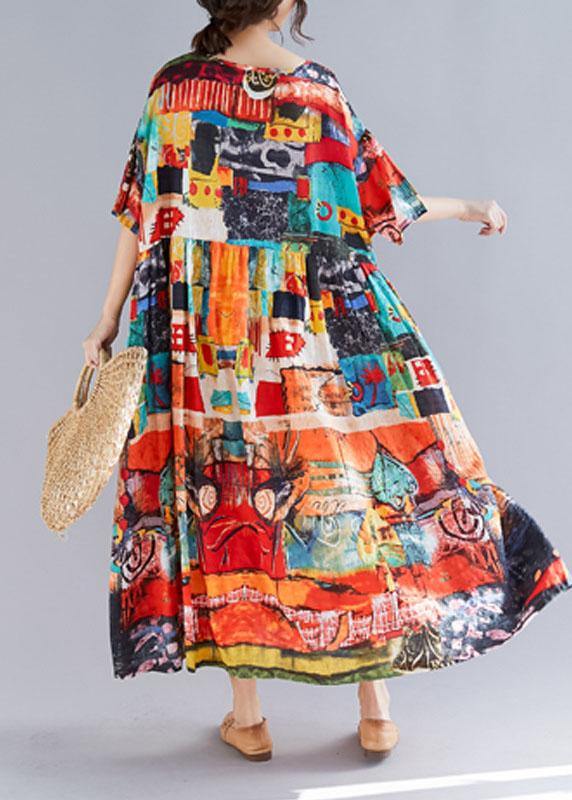 Loose prints cotton linen quilting dresses short sleeve big hem loose summer Dress - SooLinen