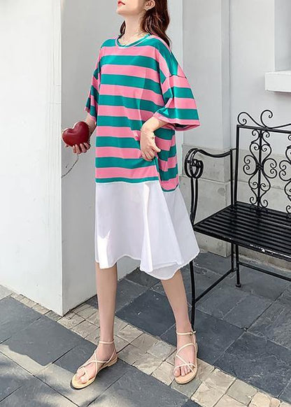 Loose red green striped dresses o neck Ruffles cotton summer Dress - SooLinen