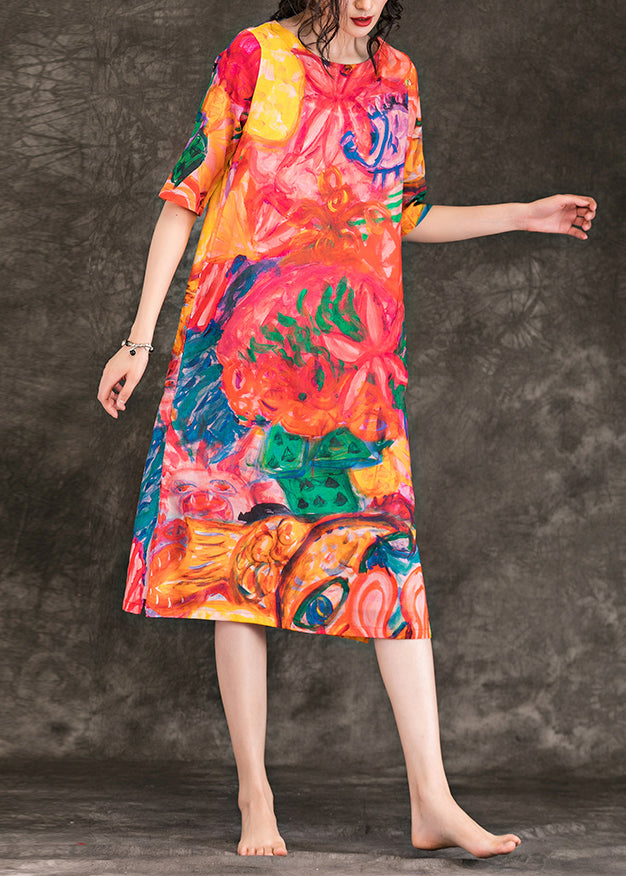 Lockere Leinenkleider mit rotem Aufdruck, tailliertes Design, Rundhalsausschnitt, halbe Ärmel, Sommerkleid in Übergröße