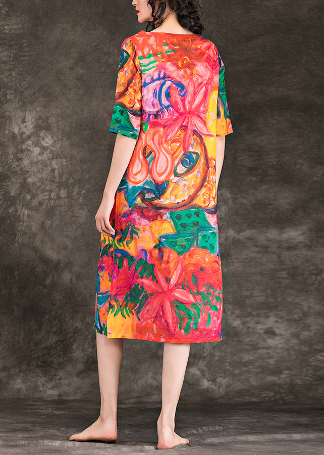 Lockere Leinenkleider mit rotem Aufdruck, tailliertes Design, Rundhalsausschnitt, halbe Ärmel, Sommerkleid in Übergröße