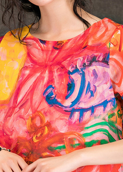 Lockere Leinenkleider mit rotem Aufdruck, tailliertes Design, Rundhalsausschnitt, halbe Ärmel, Sommerkleid in Übergröße