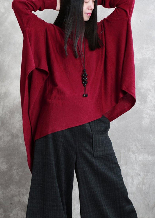 Loose red tops asymmetric hem oversized high neck blouse - SooLinen