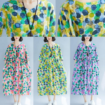 Loose rose dotted prints cotton linen Wardrobes short sleeve Kaftan summer Dress - SooLinen