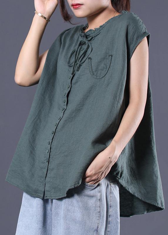 Loose ruffles collar linen tunic top Sleeve greem sleeveless top summer - SooLinen