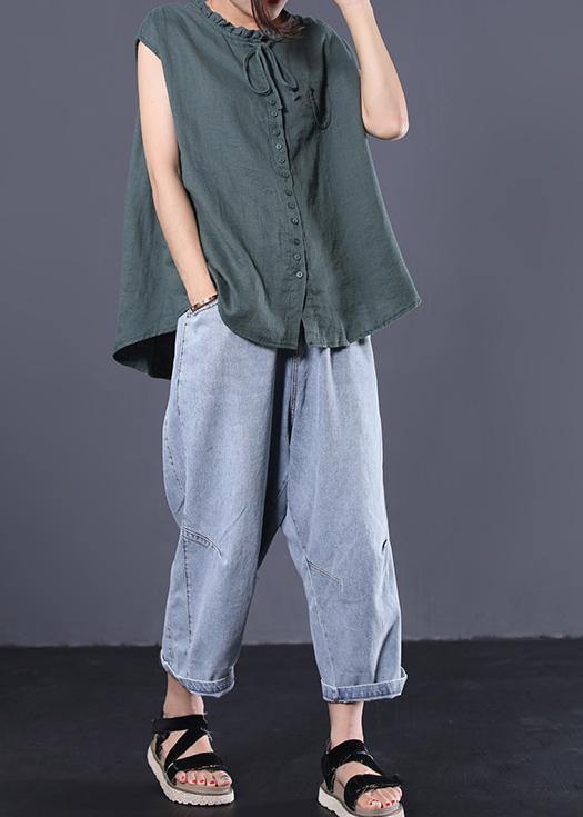 Loose ruffles collar linen tunic top Sleeve greem sleeveless top summer - SooLinen