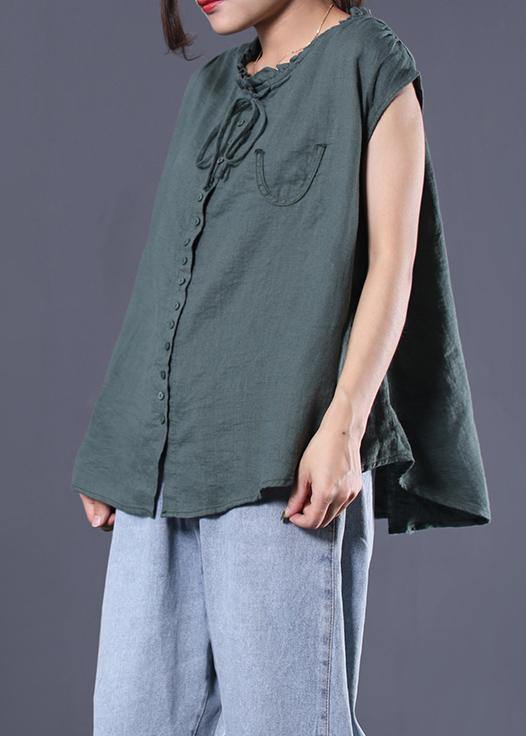 Loose ruffles collar linen tunic top Sleeve greem sleeveless top summer - SooLinen