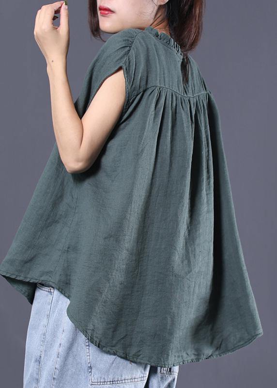 Loose ruffles collar linen tunic top Sleeve greem sleeveless top summer - SooLinen