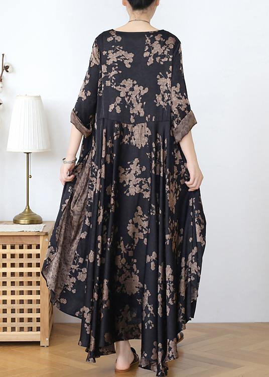 Loose silk satin wind dress black coffee color printing fashion fake two-piece goddess Fan big swing skirt - SooLinen