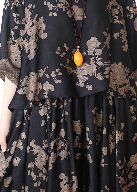 Loose silk satin wind dress black coffee color printing fashion fake two-piece goddess Fan big swing skirt - SooLinen