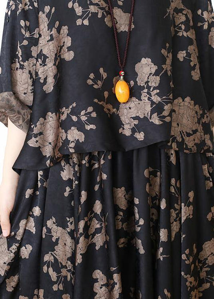Loose silk satin wind dress black coffee color printing fashion fake two-piece goddess Fan big swing skirt - SooLinen