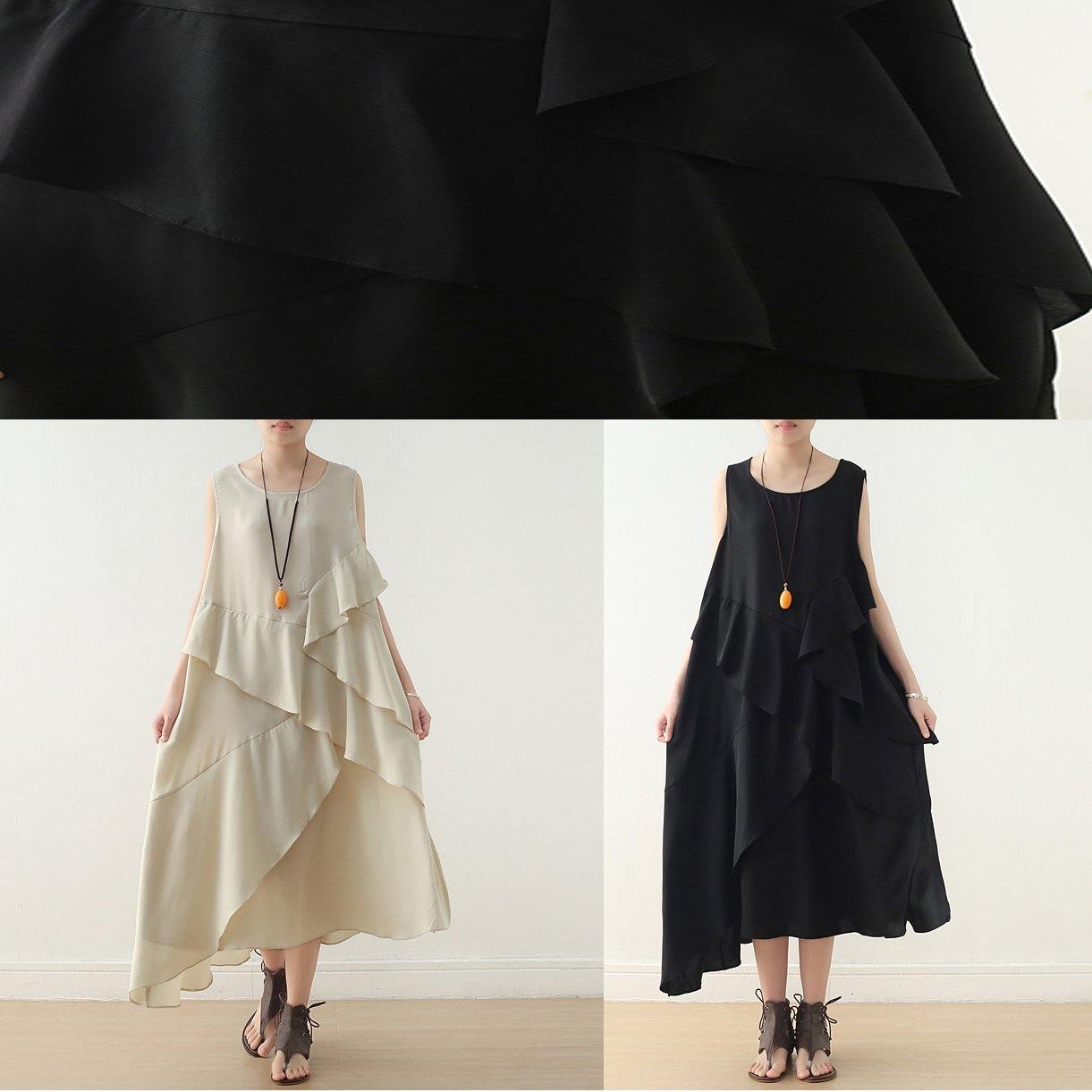 Loose sleeveless chiffon Long Shirts Catwalk black asymmetric hem Art Dress summer - SooLinen
