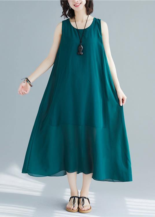 Loose sleeveless cotton outfit pattern blackish green long Dress summer - SooLinen