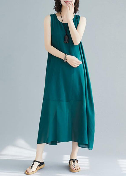 Loose sleeveless cotton outfit pattern blackish green long Dress summer - SooLinen