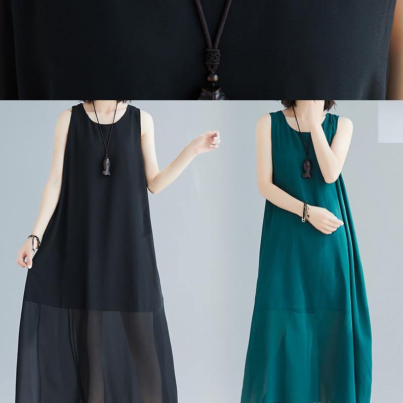 Loose sleeveless cotton outfit pattern blackish green long Dress summer - SooLinen