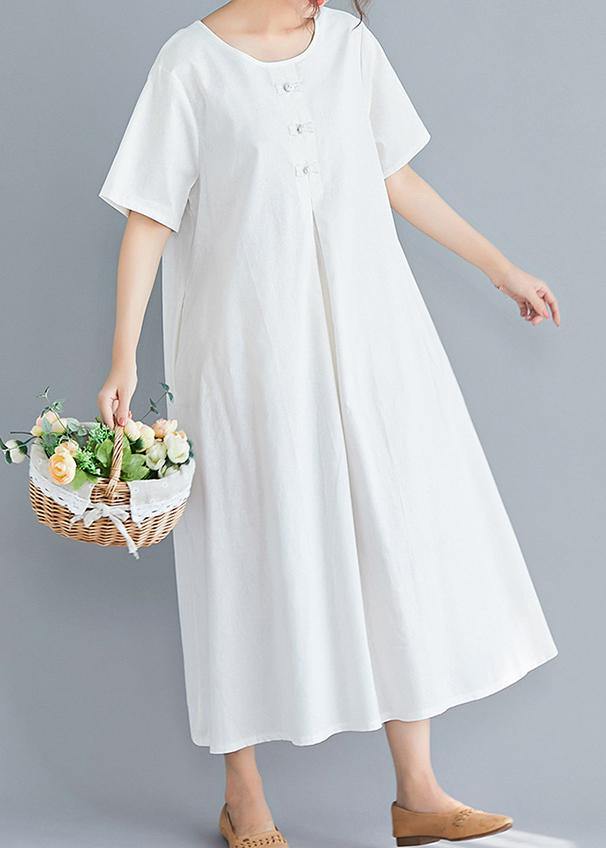 Loose solid color cotton clothes Tutorials white Art Dress summer - SooLinen