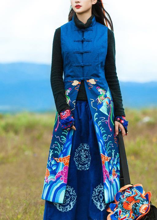 Loose stand collar Plus Size embroidery Long coats navy oversized coat - SooLinen