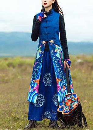 Loose stand collar Plus Size embroidery Long coats navy oversized coat - SooLinen