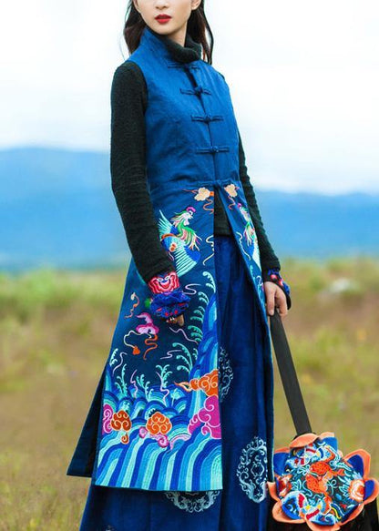 Loose stand collar Plus Size embroidery Long coats navy oversized coat - SooLinen