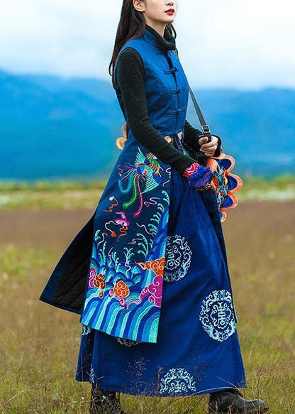 Loose stand collar Plus Size embroidery Long coats navy oversized coat - SooLinen