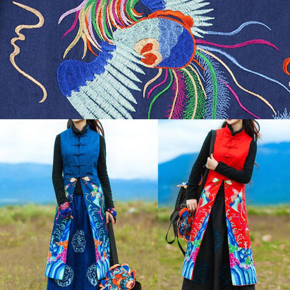 Loose stand collar Plus Size embroidery Long coats navy oversized coat - SooLinen