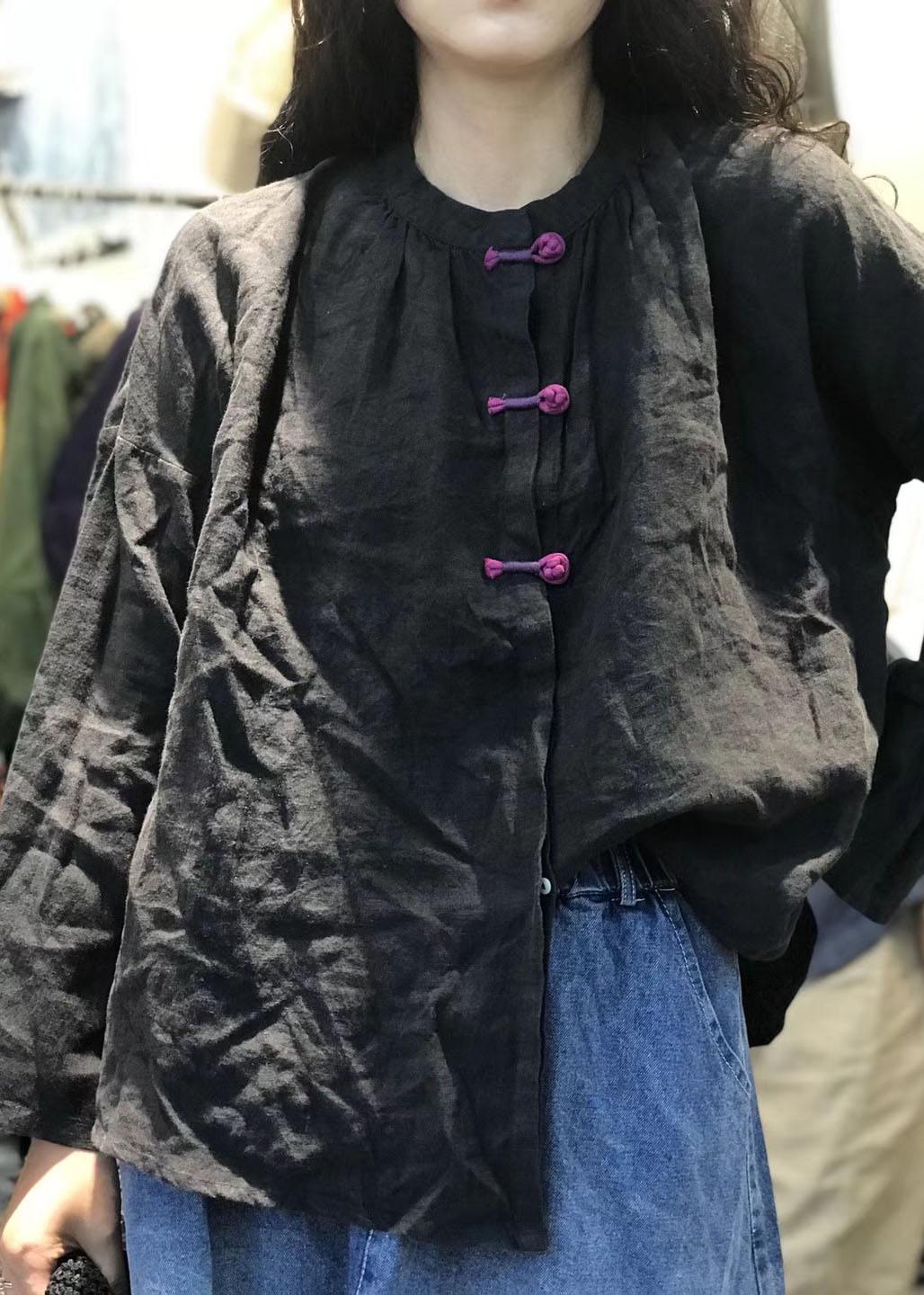 Loose stand collar linen top silhouette design black shirts fall - SooLinen