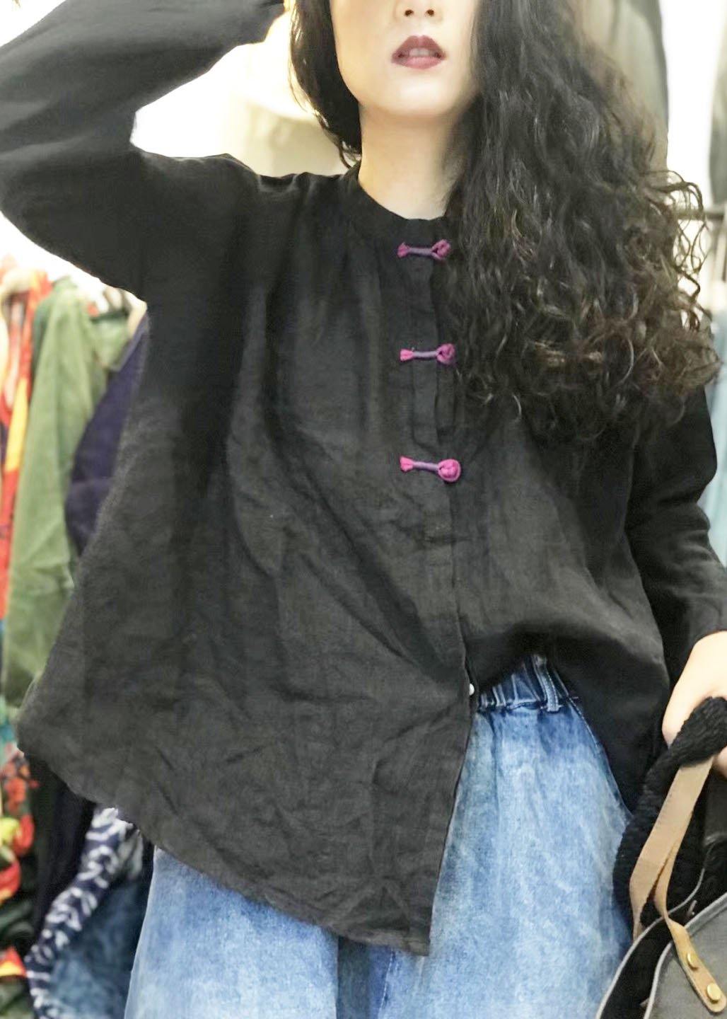 Loose stand collar linen top silhouette design black shirts fall - SooLinen