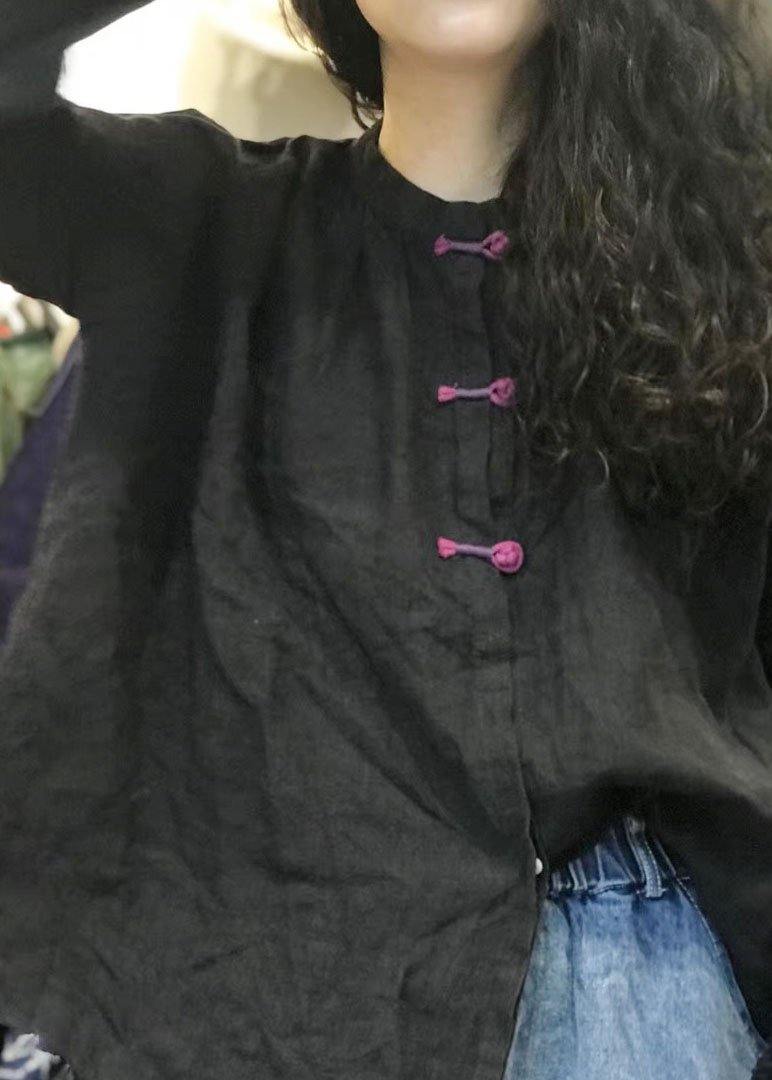 Loose stand collar linen top silhouette design black shirts fall - SooLinen