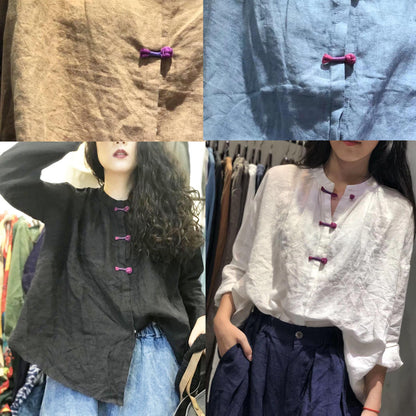 Loose stand collar linen top silhouette design black shirts fall - SooLinen