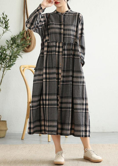Loose stand collar Cinched linen Tunics Shape black plaid Dresses - SooLinen