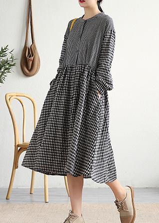 Loose stand collar Cinched linen Tunics Shape black plaid Dresses - SooLinen
