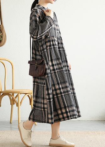 Loose stand collar Cinched linen Tunics Shape black plaid Dresses - SooLinen