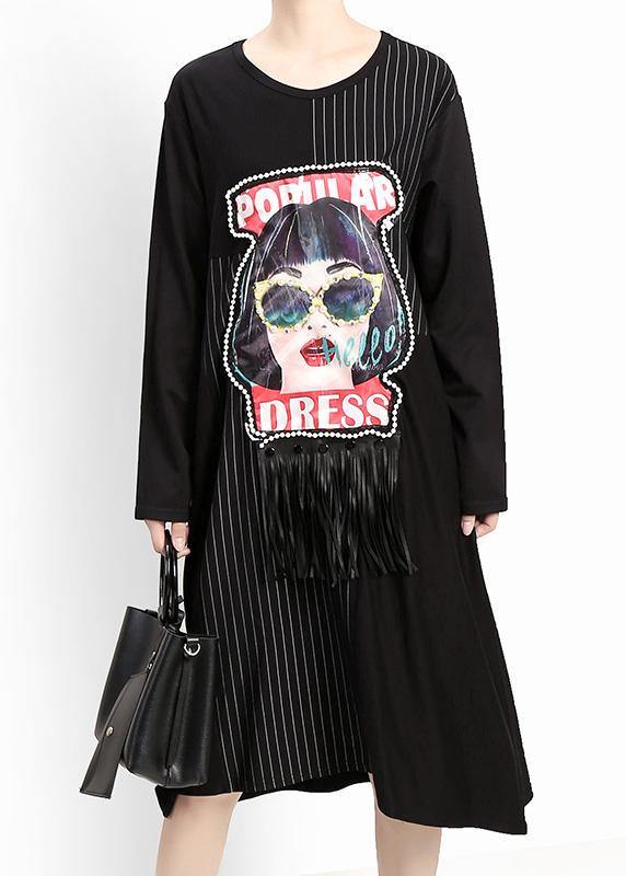 Loose tassel cotton patchwork quilting clothes pattern black prints A Line Dresses - SooLinen